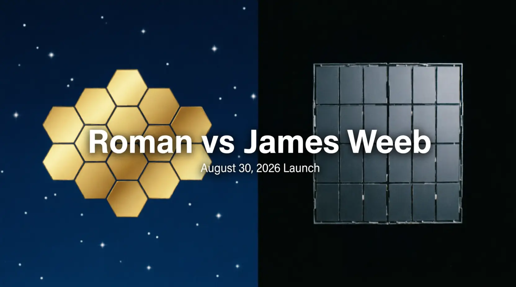 illustration comparing James Webb hexagonal gold mirror and Roman Space Telescope wide-field sensor grid for August 30 2026 launch