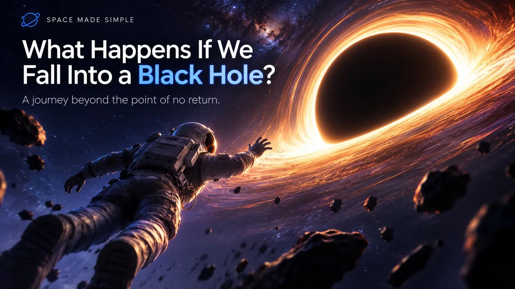 An illustration of a person falling toward a black hole