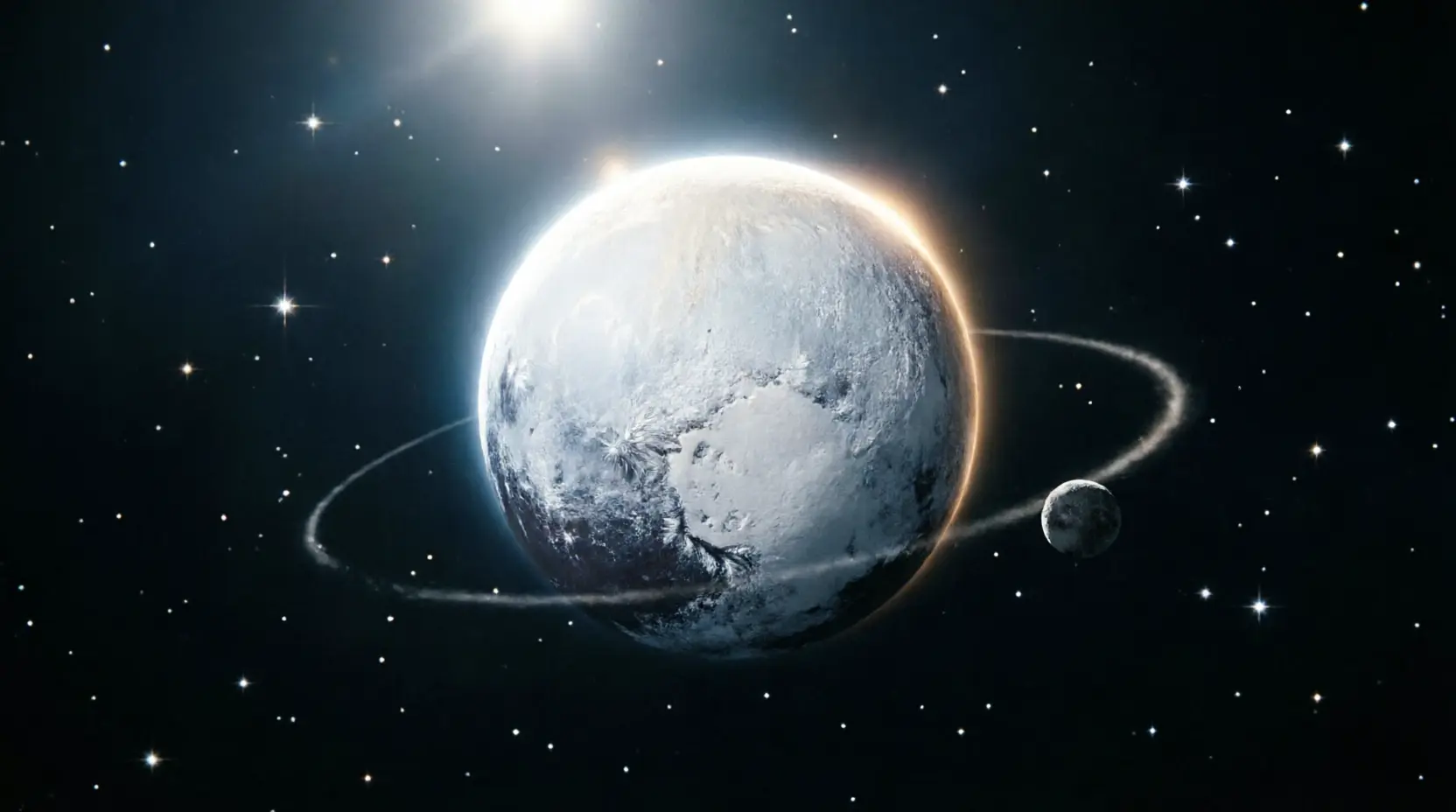 Eris as a bright, reflective icy world in the far reaches of the solar system, complete with its small moon Dysnomia and a backdrop of silent stars.
