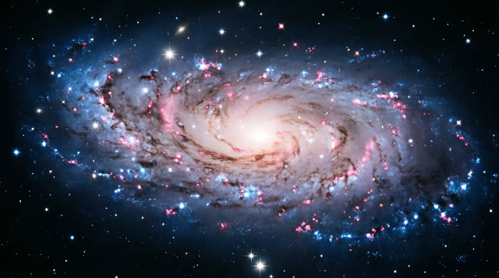 face-on spiral galaxy with blue arms and pink star-forming regions