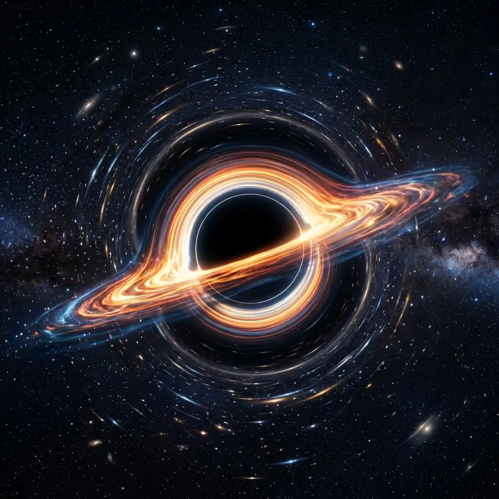 An artistic illustration of a black hole surrounded by a glowing accretion disk in deep space