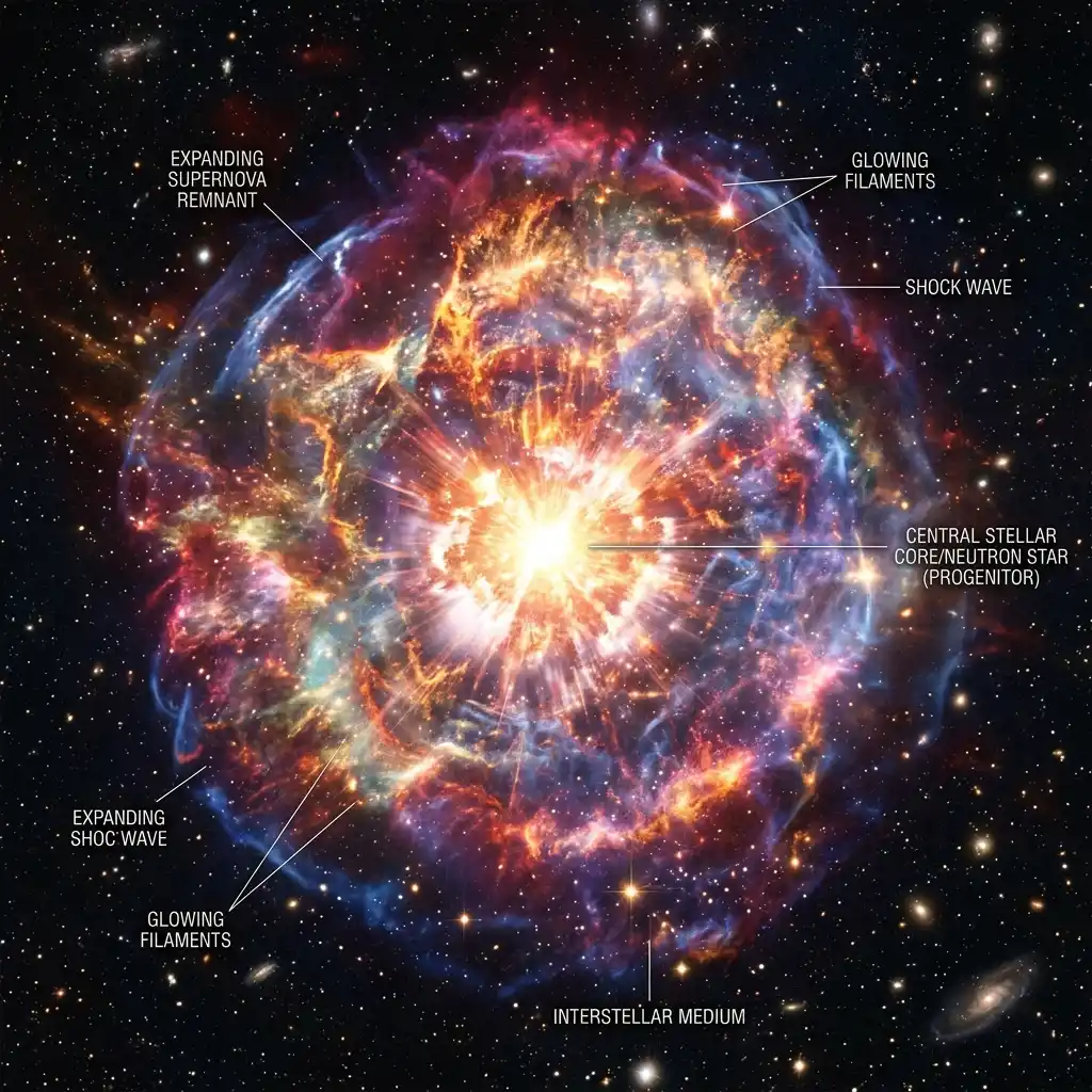 An illustration of an expanding supernova remnant glowing brightly against deep space